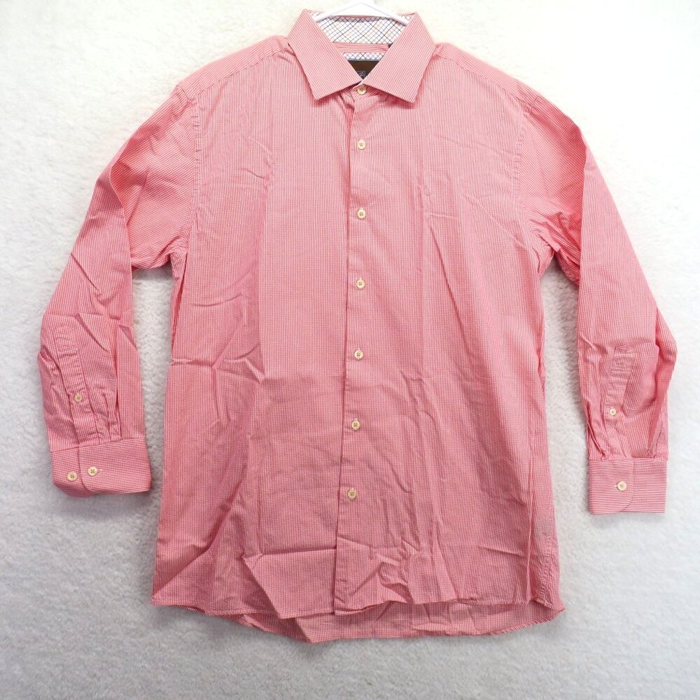 Tattersall London Shirt Mens Size 16 1/2 Pink Check Long‎ Sleeve Button Up